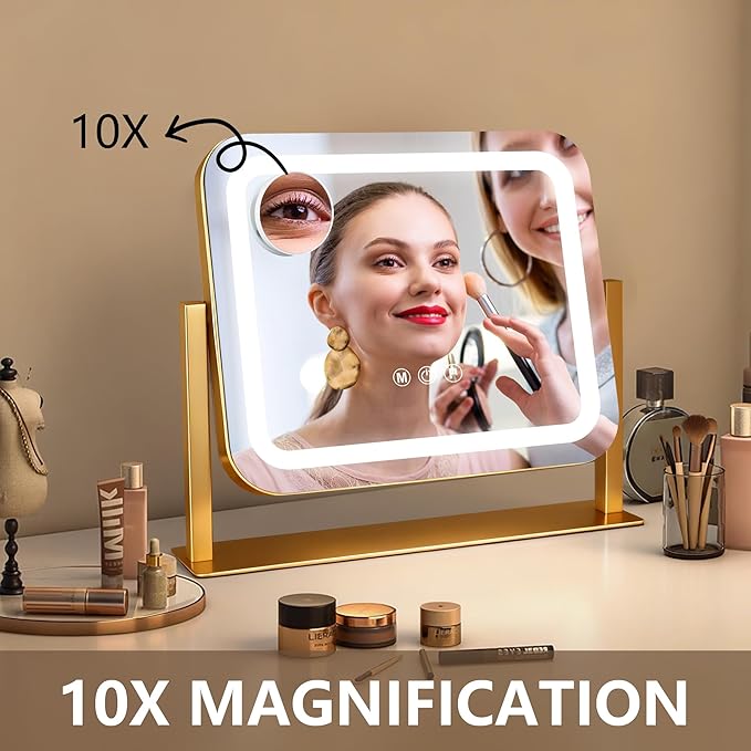 Gold Vanity Mirror with Lights 14"×12", Led Makeup Mirror, Lighted Makeup Mirror with 3 Color Dimmable Lights, Smart Touch Screen Control, 360°Rotation