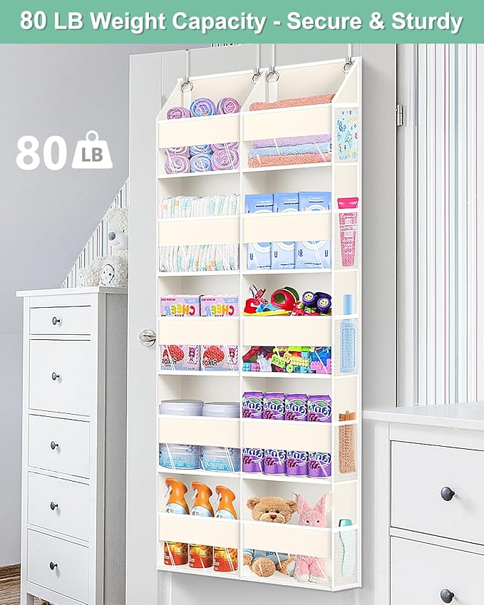 UVIAHOMI Heavy Duty Over The Door Organizer 5 Tiers, Extra Large Behind Door Storage of 10 Big Front & 10 Mesh Pockets, 80lb Weight Capacity, Hanging Doors Storage for Closet Bedroom Nursery, Beige
