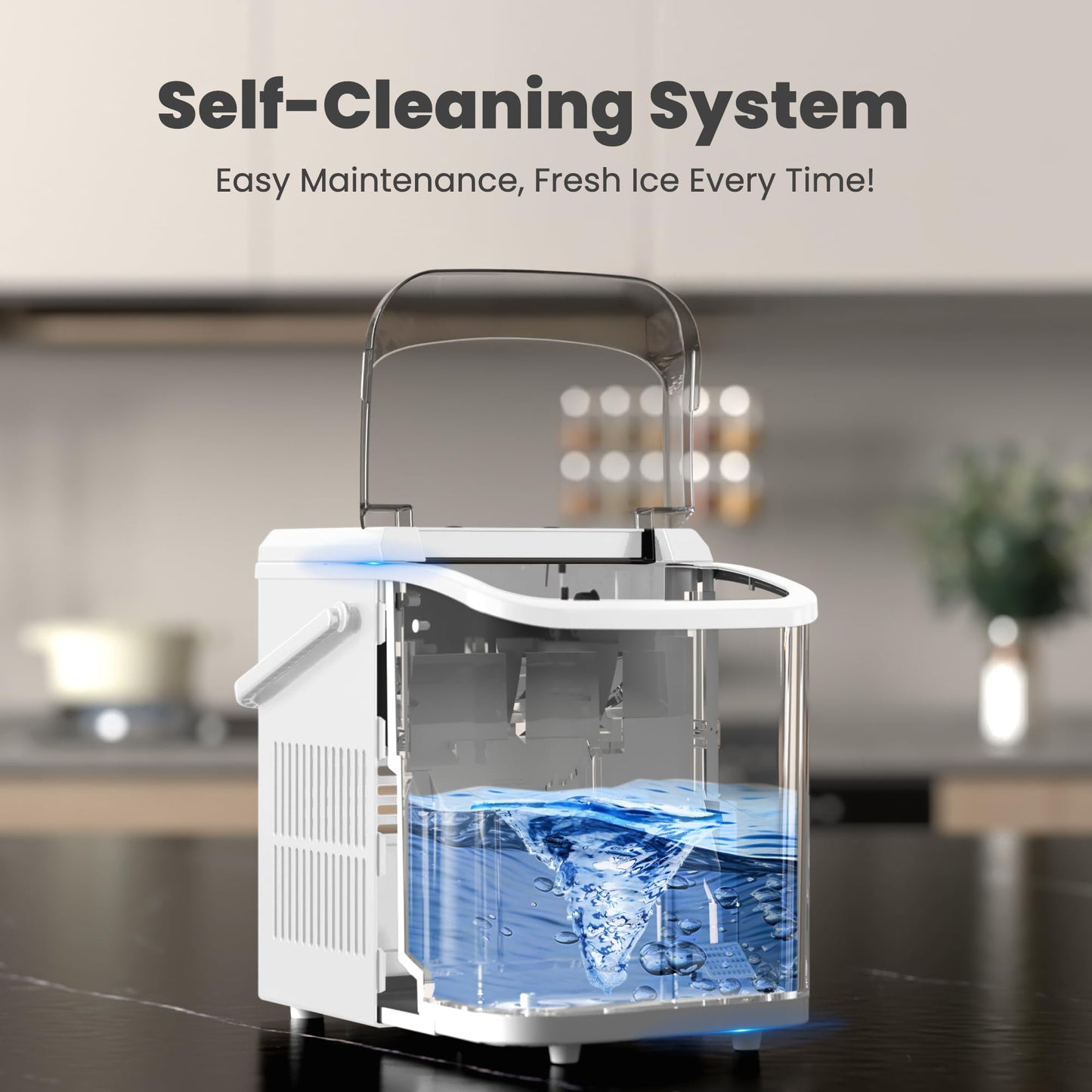 DUMOS Countertop Ice Maker with Handle, 26lbs/24H Portable Ice Machine, 9 Bullet Ice Cubes Ready in 6 Mins, Self-Cleaning, Quiet Compact Ice Maker for Home, Kitchen, RV, Camping, White
