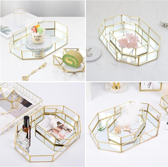 Hipiwe Gold Perfume Tray - Glass Mirror Makeup Tray Ornate Vanity Tray Dresser Tray Jewelry Trinket Organizer Tray for Bathroom Storage Tray for Home Decor,12.4"x 8.5"