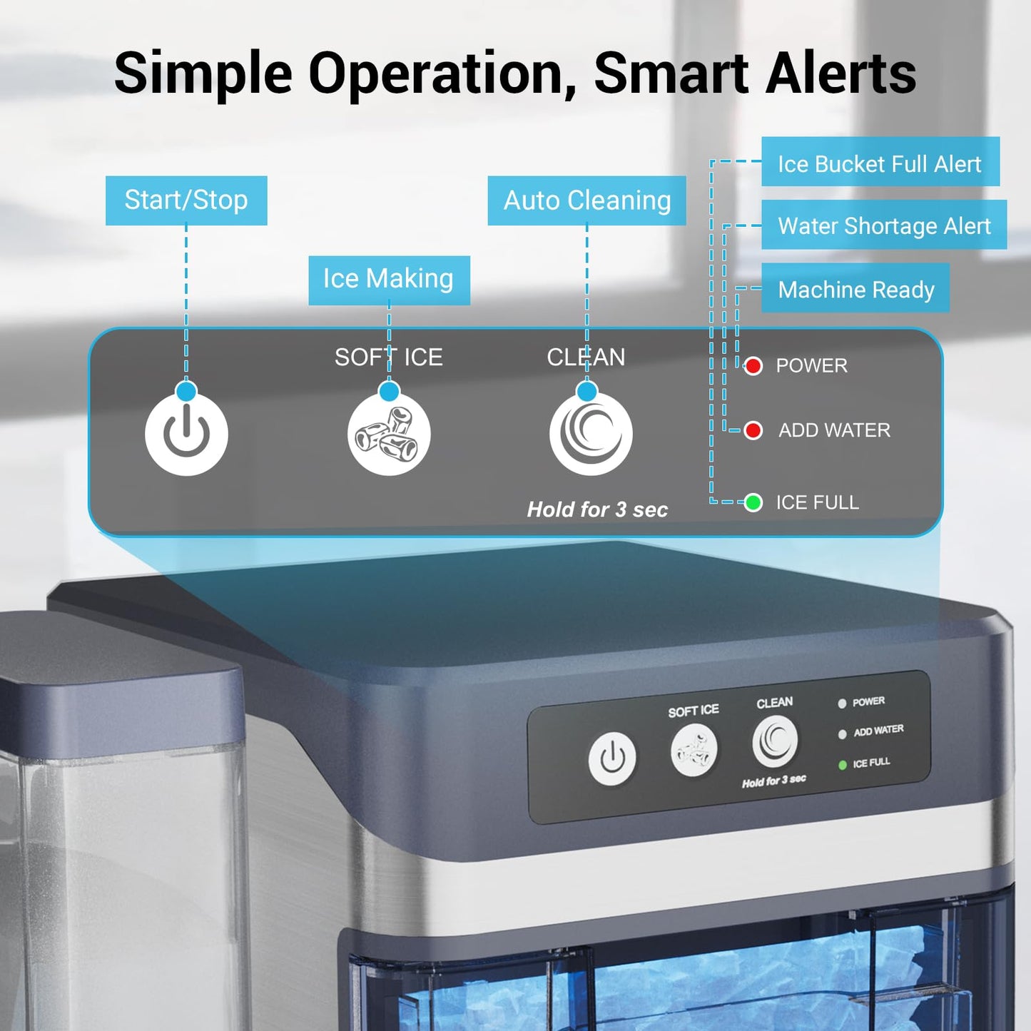 Countertop Nugget Ice Maker with Water Tank, 40 lbs/24H, 5-8min Ready, Self-Cleaning, Chewable Pellet Ice, Stainless Steel Counter Table Ice Machine for Home, Office, RV, Camping