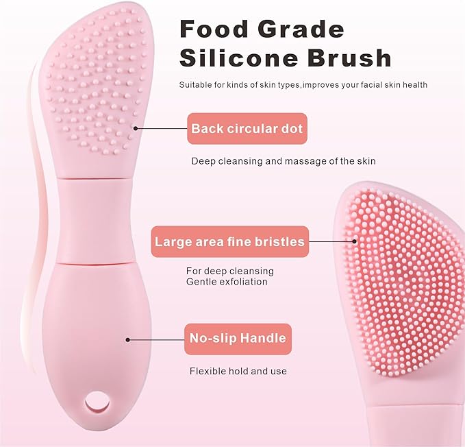 Silicone Face Scrubber Blackhead Remover Tool,Mask Applicator for Nourishing, Pore Deep Cleaning & Exfoliator -No-Slip Long Handle, Gentle Face Massage,Daily Skin Care Tool for Women & Men (Pink)