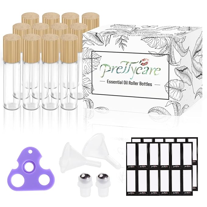 Essential Oil Roller Bottles 10ml ( Clear Glass Bottle with Bamboo Lid, 12 Pack, 2 Extra Stainless Steel Balls, 24 Labels, 1 Opener, 1 Funnel, 2 Droppers ) Roller Balls for Oils, Roller on Bottles
