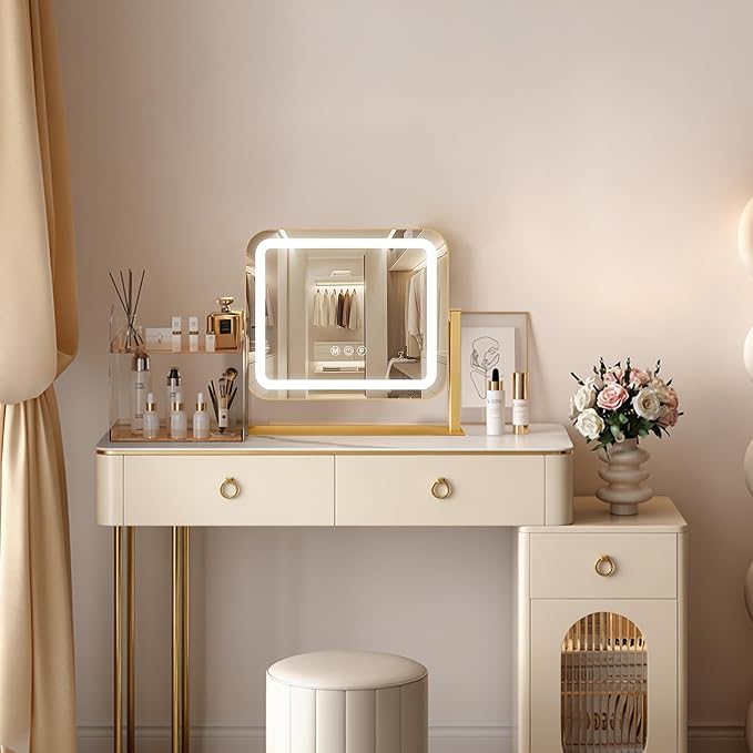 Gold Vanity Mirror with Lights 14"×12", Led Makeup Mirror, Lighted Makeup Mirror with 3 Color Dimmable Lights, Smart Touch Screen Control, 360°Rotation