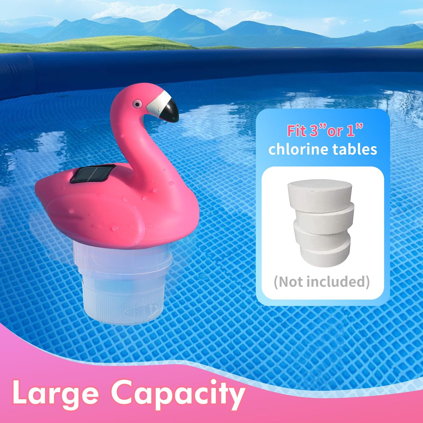 Uekars Solar Pool Chlorine Floater, Flamingo Chlorines Floater with Light, Glow in Dark Chlorines Tablet Floater (Red, 11 in)