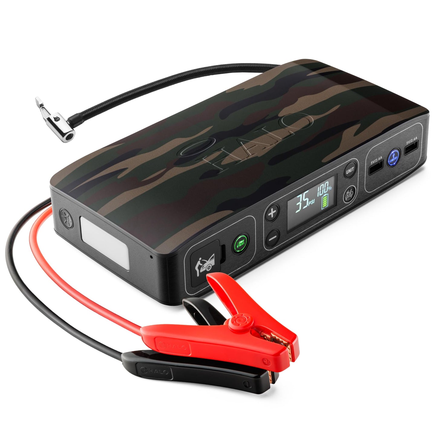 HALO Bolt Air 58830 Portable Car Battery Jump Starter | 100 PSI Air Compressor, 58.8Wh USB Power Bank, Emergency Floodlight & Charger, Jumps Cars SUVs & Trucks, Inflates Tires, TSA Approved — Camo