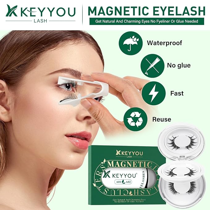 KEYYOU Daily Wear Reusable Magnetic Eyelashes 2 Pair with Applicator No Glue Needed 3D Natural Magnetic Lashes, Easy to Apply & Long Lasting for Daily Use & Events(A01+A02)