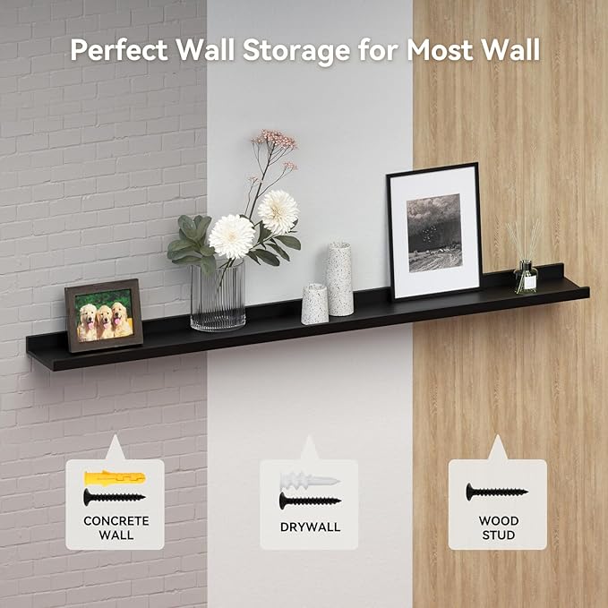 RICHER HOUSE 3 Set Floating Shelves for Wall, 16 inches Black Wall Mounted Shelves with Lip for Storage, Display Picture Ledge Shelf for Bedroom Bathroom Kitchen Living Room Decor, Modern Black
