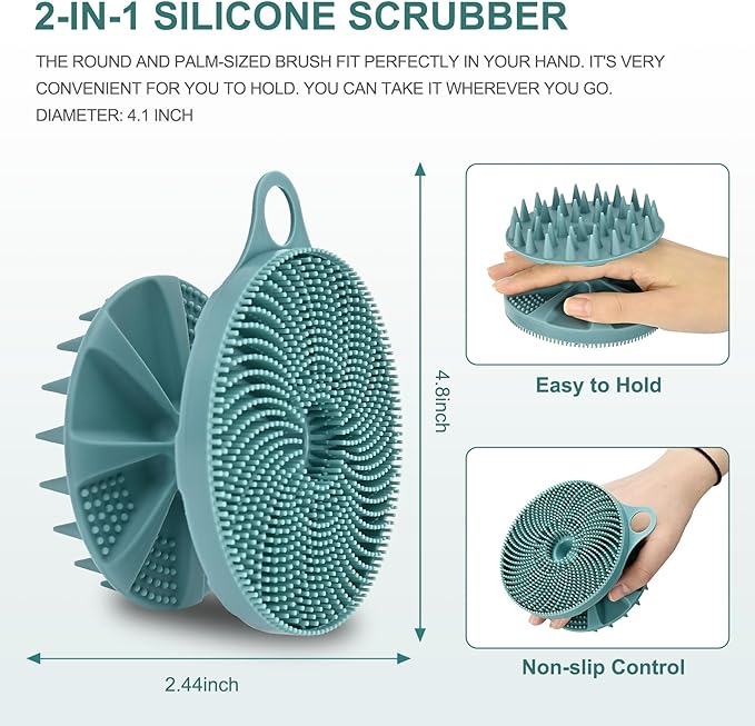 INNERNEED 2-in-1 Silicone Body Scrubber and Scalp Massager Shampoo Brush, Food-Grade Soft Material, More Hygienic, Easily Lather, Convenient for Travel, Gym, Business,etc (Dark Green)