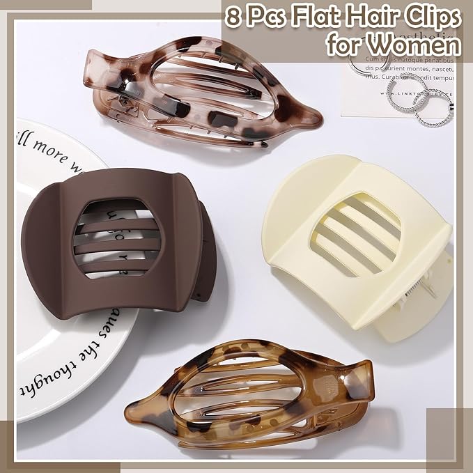 8 Pcs Flat Hair Clips for Women, 2 Styles French Flat Claw Clips for Women, Large Strong Hold Lay Down Claw Clips for Thick Thin Hair(Tortoiseshell)