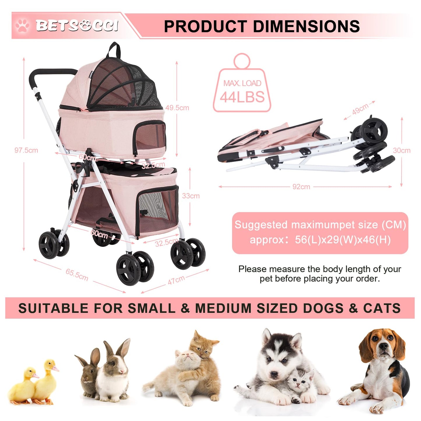 BETSOCCI Double Dog Stroller with 2 Detachable Carrier, Portable Pet Stroller for Small Dogs & Cats Folding Lightweight Puppy Travel Carriage, 4 Wheels, Pink