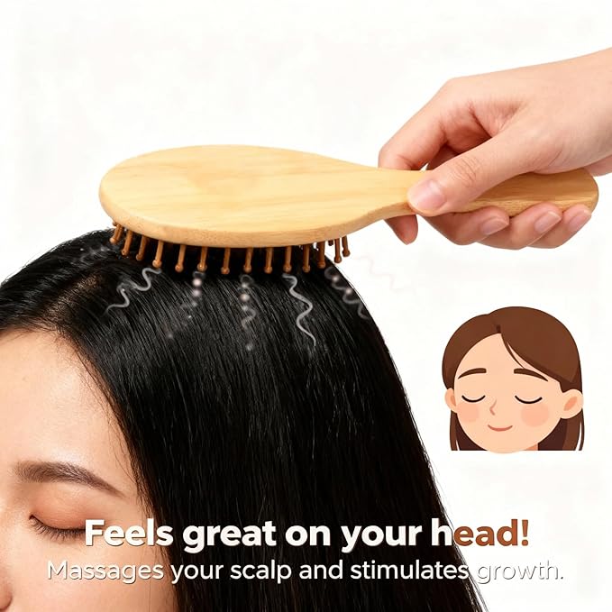 Bamboo Hair Brush for Hair Growth, Detangler Hairbrush with Natural Bamboo Bristles, Wooden Paddle Brush for Scalp Massage, All Hair Types, for Women, Men, and Kids