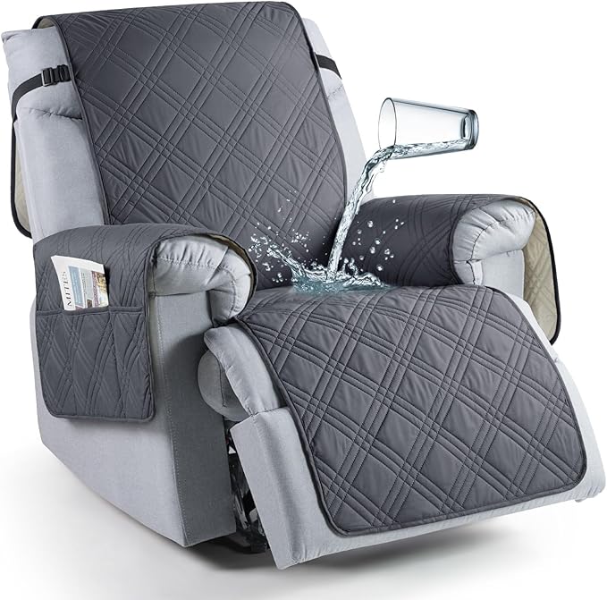 TAOCOCO 100% Waterproof Recliner Chair Cover, Non Slip Oversized Recliner Covers for Recliner Chair with Pocket, Reclining Chair Cover Furniture Protector for Kids, Pets(28'', Dark Grey)