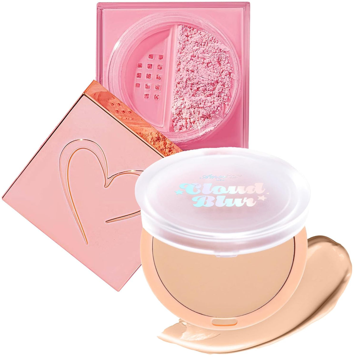 Beauty Bundle Beauty Creations Pink Cloud Pink Loose Setting Powder & Amorus Cloud Blur Matte Balm Foundation, Minimizes Pores, Matte Finish 14HR Shine Control (Almond)