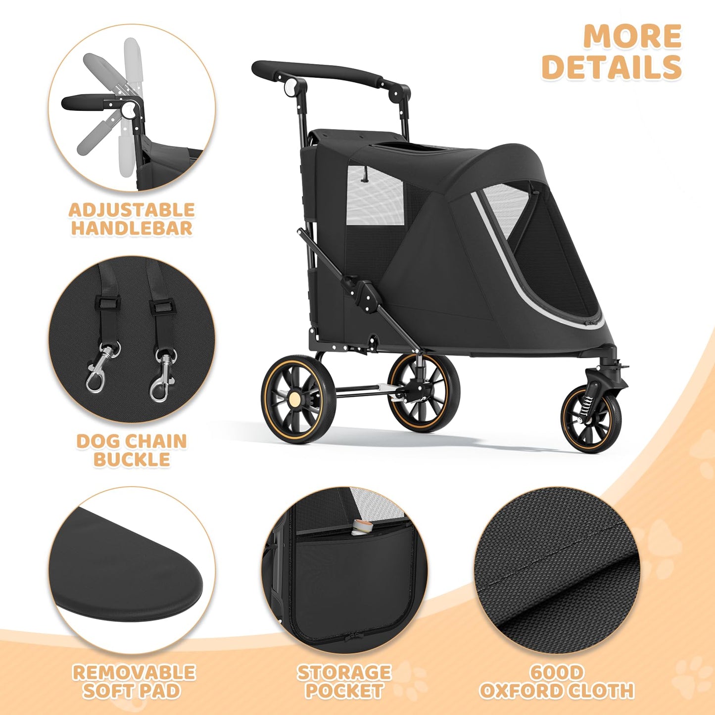 Magshion Pet Stroller for Medium Dogs w/Adjustable Handle, 3-Wheel Dog Cat Wagon w/Dual Entry, Rear Storage, Breathable Mesh, One-Foot Brake, Ideal for Large Pets up to 55 lbs, Black