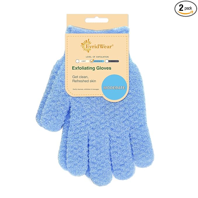 Evridwear Exfoliating Glove for Shower Men and Women, Dual Texture Bath Body Scrub Gloves Dead Skin Cell Remover for Home Spa, Massage, with Hanging Loop (1 Pair Moderate)