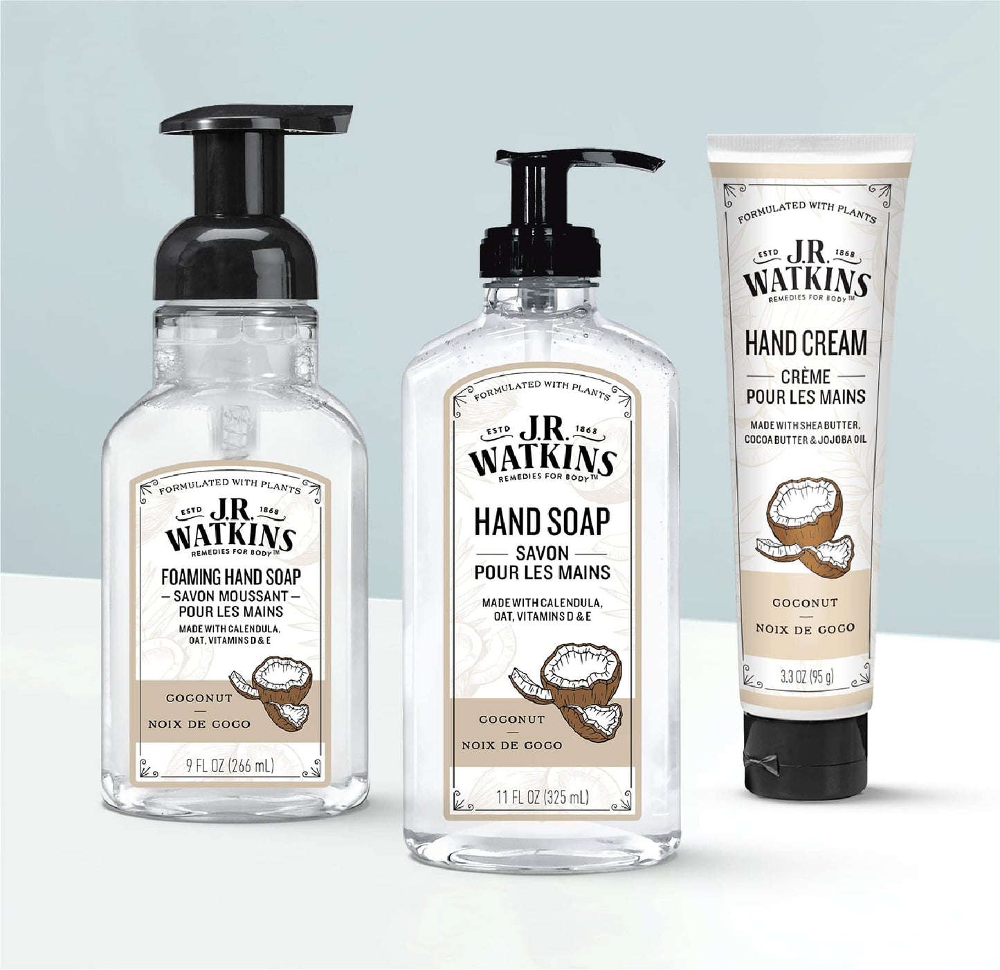 J.R. Watkins Foaming Hand Soap Pump with Dispenser, Moisturizing Hand Soap Foam, Alcohol-Free and Cruelty-Free, Use for Kitchen or Bathroom, Noix De Coco/Coconut, 9 fl oz, 3 Pack