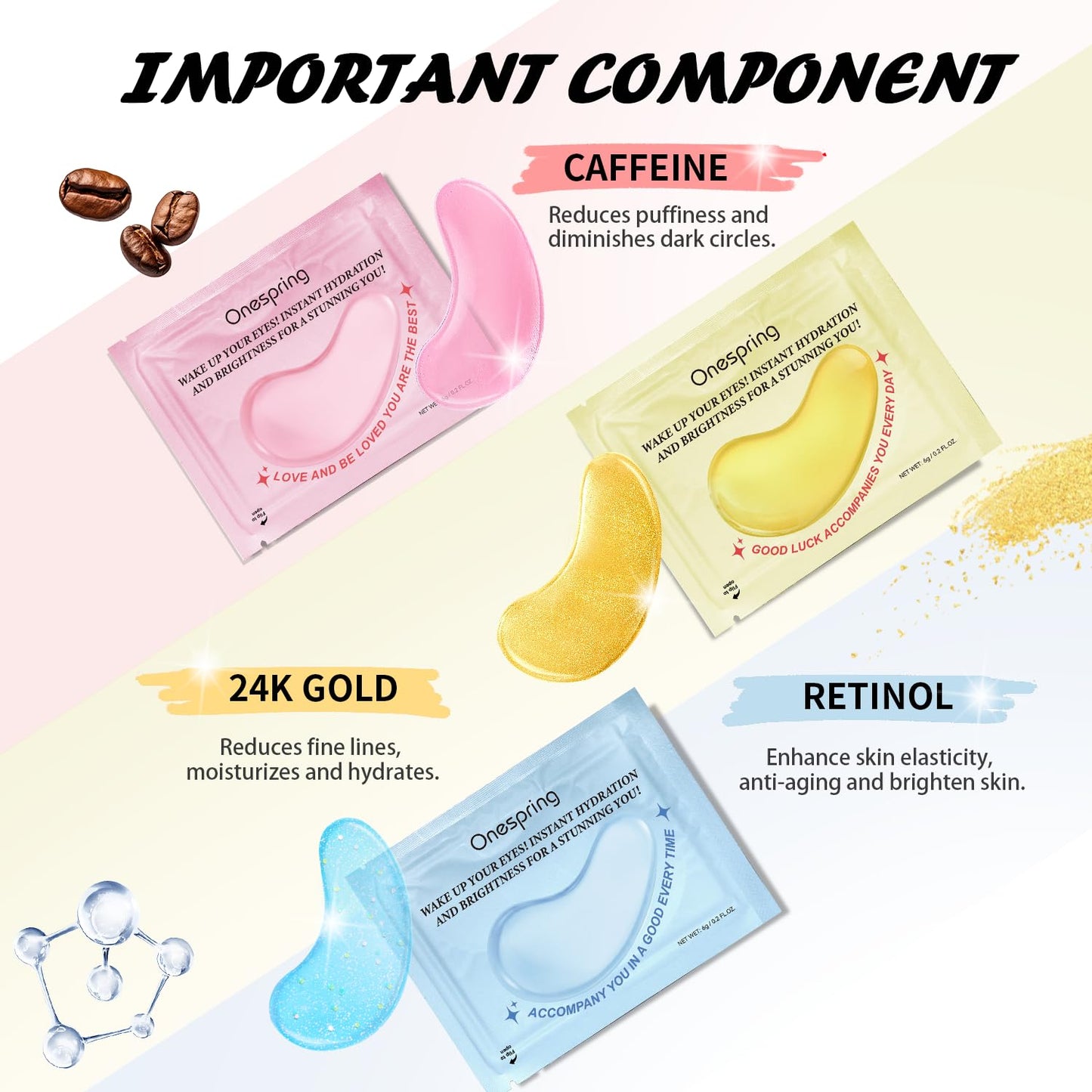 Onespring Eye Masks (24 Pairs) - Gift for Her - Caffeine, 24K Gold and Retinol Under Eye Patches for Puffy Eyes, Dark Circles & Fine Lines, Bachelorette Party Favors, Birthday, Bridesmaid Gift