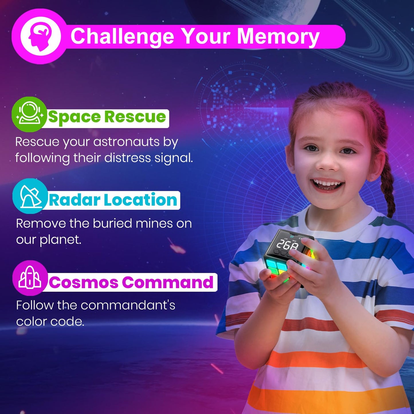 Xinbeiya Rechargeable Game Handheld Cube - 15 Fun Brain & Memory Game with Score Screen - Christmas Easter Birthday Gifts for Boys Girls Ages 6-12+ Years Old - Toy Gift Idea for Kids Teens (Black)