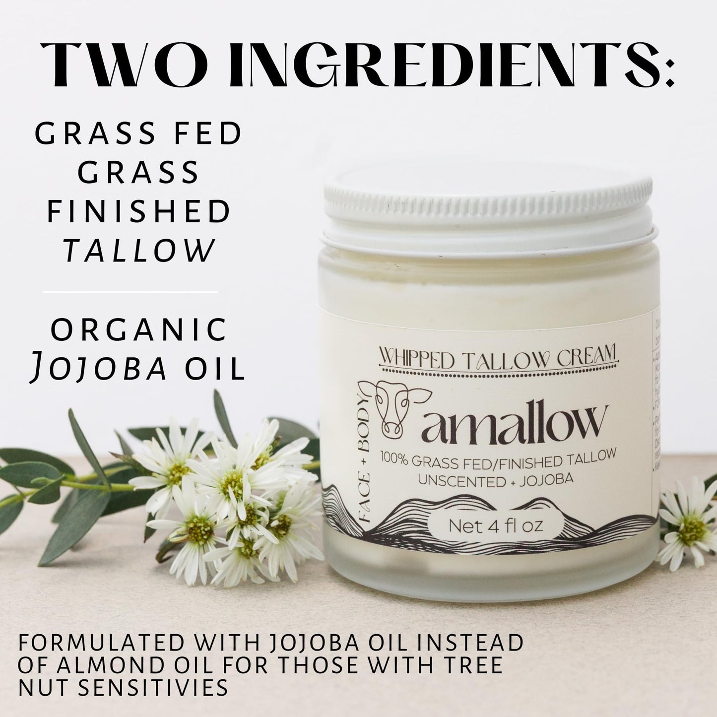Amallow 100% Grass Fed Beef Tallow for Skin Care - Face + Body - Whipped Moisturizer for Sensitive Skin - Natural Lotion, 4 FL. oz. (Unscented + Jojoba Oil)