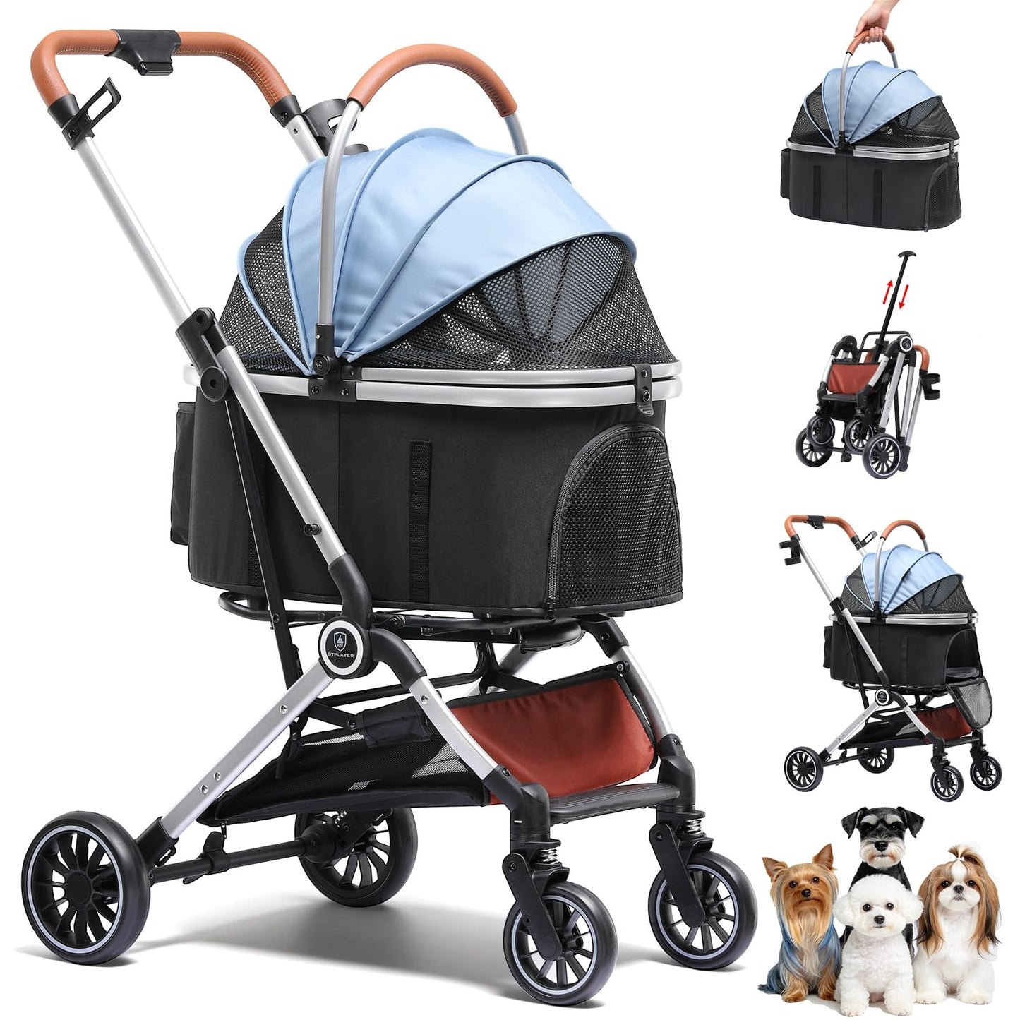 GTPLAYER Pet Stroller for Small Dogs and Cats, One-Click Foldable, Detachable Carrier, Breathable Mesh, 45 lbs Capacity, 2 Safety Leashes, Storage Basket & Cup Holder, Light Blue