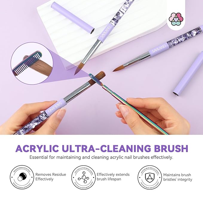 SAVILAND Kolinsky Acrylic Nail Brush Set: Size 6,10,14 Professional Nail Brushes Cleaner Manicure Tool for Acrylics Application Acrylic Powder Nails Extension 3D Carving for Nails Art DIY
