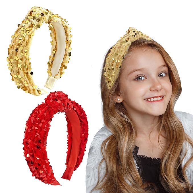 Christmas Knotted Headbands for Women Girls Non Slip Toddler Girl Sequin Headbands Wide Top Knot Head Bands Velvet Hairbands Fashion Hair Accessories for Girl (Red & Gold, 2Pcs)