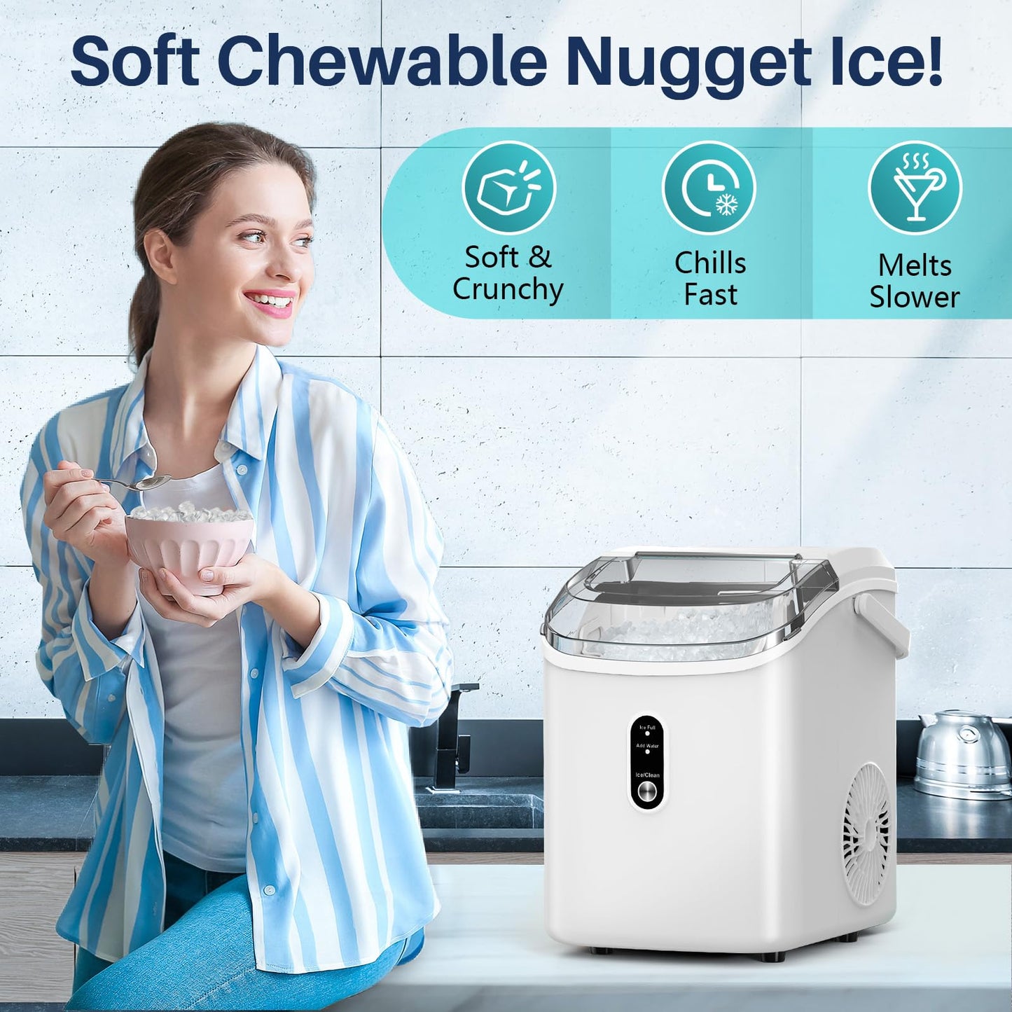 FREE VILLAGE Nugget Ice Makers Countertop, Pebble Ice Maker Machine with Soft Chewable Ice, 34Lbs/Day, Self-Cleaning, One-Click Operation, Pellet Ice Maker with Ice Scoop for Home Kitchen Office Bar