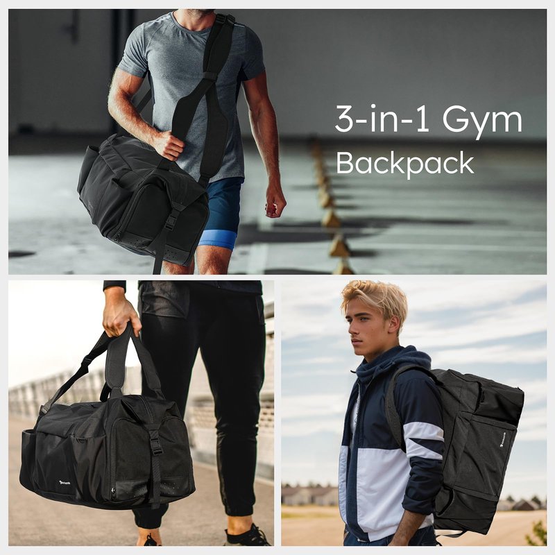 Kookoomia Gym Bag for Men with Shoes Compartment and Wet Pocket Convertible Duffle Bag and Gym Backpack Waterproof Sports Bags for Men with 2 Bottle Holders Multipurpose Weekender Overnight Bag -Black