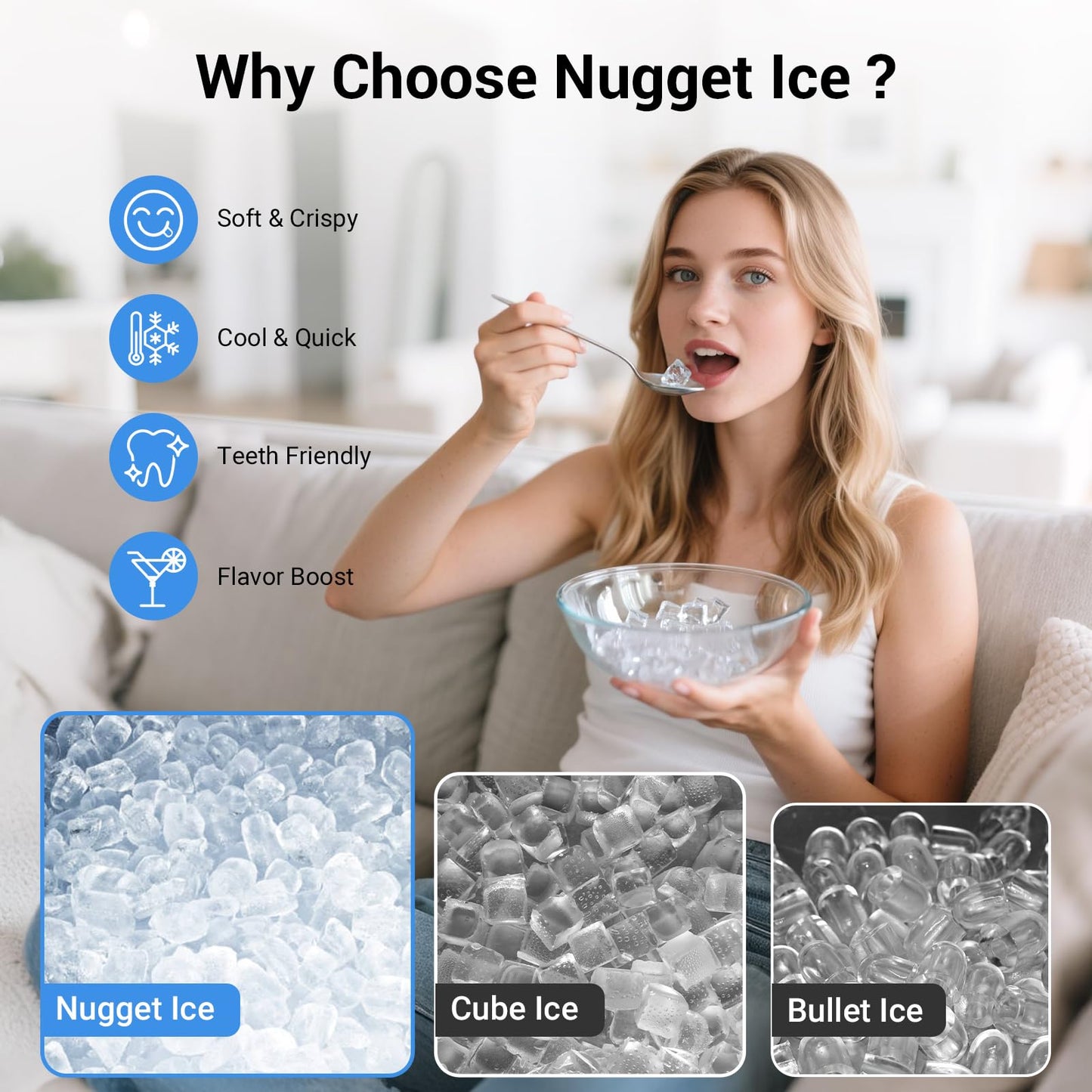 Nugget Ice Maker Countertop 44 Lbs/24h, Chewable Nugget Ice Machine with Side Water Tank, Ready in 5-10 Mins, Self-Cleaning Pellet Ice Machine,Stainless Steel,Scoop Included