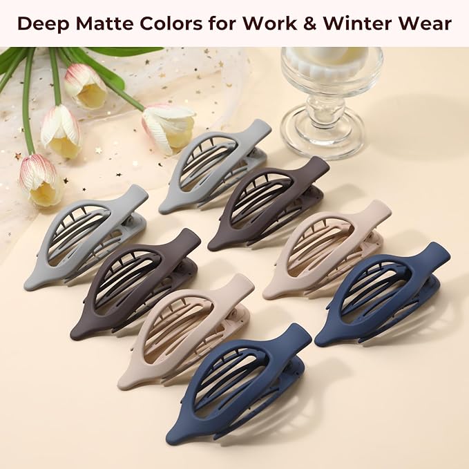 8 Pack Dark Neutral Flat Hair Clips – Matte French Claw Clips in Deep Brown, Navy, and Grey, Non-Slip Large Barrettes for Women, Minimalist Hair Accessories for Work or Daily Wear