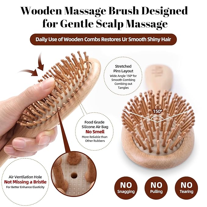 Wooden Hair Brush and Comb, One-piece Design, Reduce Frizz and Static, Massage Scalp, Detangling Paddle Hairbrush for Women, Girls, Kids, Includes Cleaning Claw, 5 Wood Bristles
