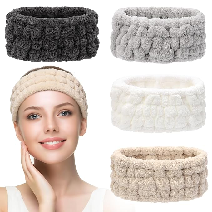 4 Pieces Spa Headband for Women Skincare Headband Makeup Headbands for Washing Face Spa Shower Gifts(Milky-White, Grey, Khaki, Dark Grey)