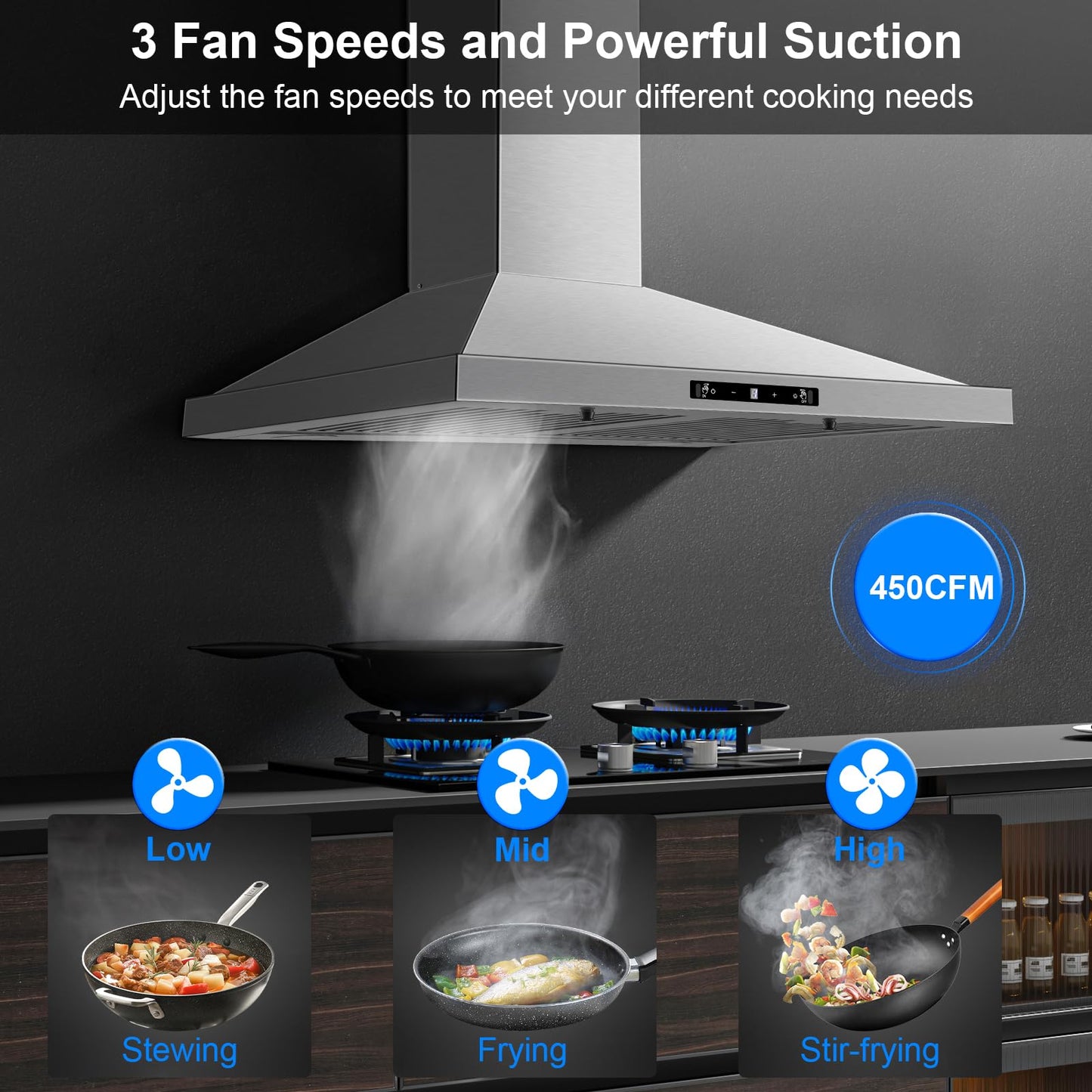 Range Hood 30 inch Stainless Steel, Wall Mount Stove Hood Ducted/Ductless Convertible with 3 Speed Kitchen Vent Hood, Touch Control, Energy-saving LED Lights, 5-Layer Aluminum Filters