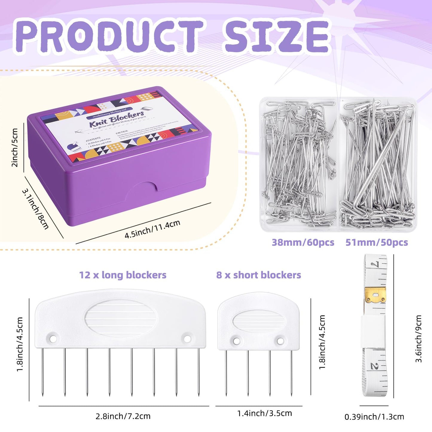 Opstin 130Pcs Knit Blocking Pins Kit for Knitting & Crochet Projects,20 Knit Blockers, Blocking Combs, Knitting Block Pins for Blocking Mats, Crochet Block Kit with 100 T-Pin and Storage Box