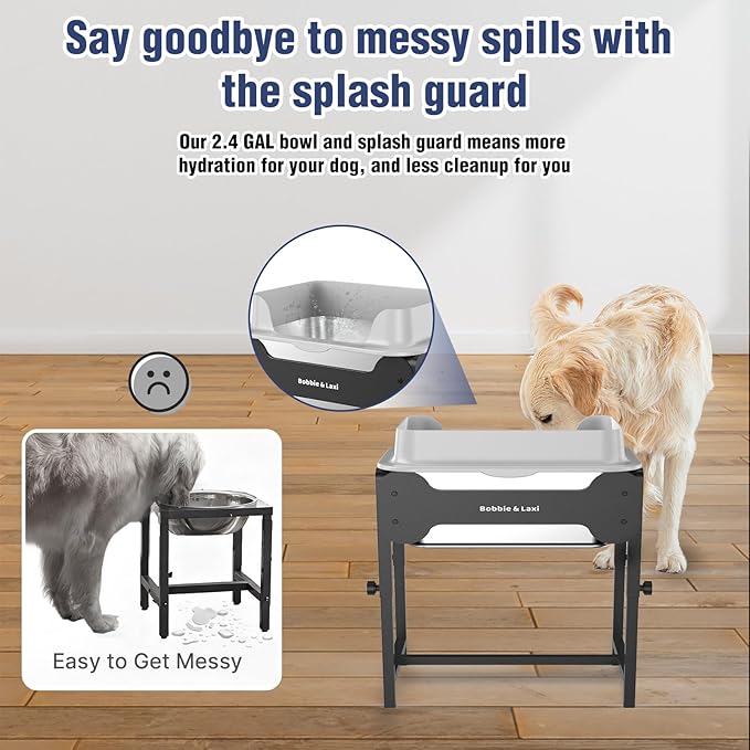4-Height Adjustable Elevated Dog Water Bowl with Splash Guard, 2.5 Gallon No-Spill Large Capacity Raised Dog Water Bowl for Large & Medium Dogs, Non-Slip Stainless Steel Stand & Easy to Clean