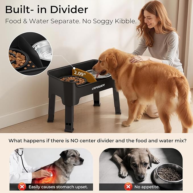URPOWER Mess Proof Slow Feeder Dog Bowls 4 Height Adjustable Elevated Bowl Stand with Stainless Steel Water Bowl and Slow Feeder Non-Slip Dog Food Bowls Stand for Small Medium Large Dogs