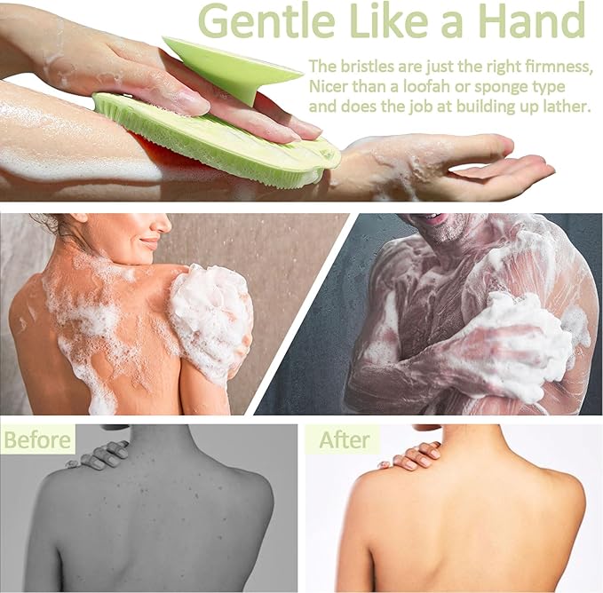 Soft Silicone Body Scrubber, Gentle Like a Hand Exfoliating Your Skin and Build Up Lather Easily, Back Large Suction Cup Easy to Store, Long-Lasting & Deep Clean (Green)