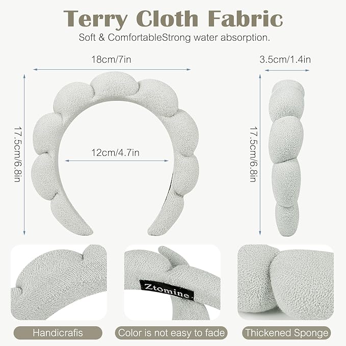 Ztomine Face Wash Headbands, Set of 2 - Terry Cloth Spa Headbands for Washing Face or Facial, Dark Khaki + Cement Ash