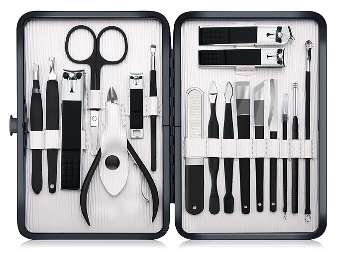 Professional Stainless Steel Nail Clipper Travel & Grooming Kit Nail Tools Manicure & Pedicure Set of 18pcs with Luxurious Case (Black/White)
