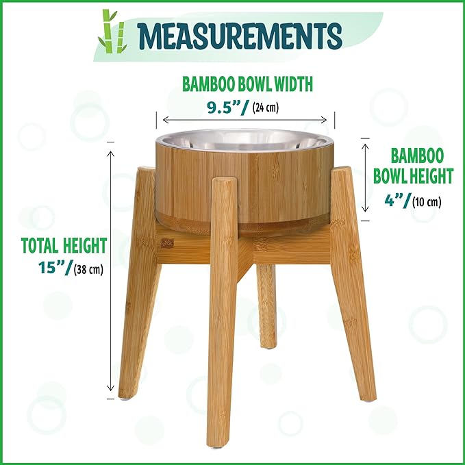 Elevated Dog Bowls for Large Breed - (15-Inch High) Raised Food/Water Bowl with Stand - Bamboo-Steel, Dry/Wet Food Suitable