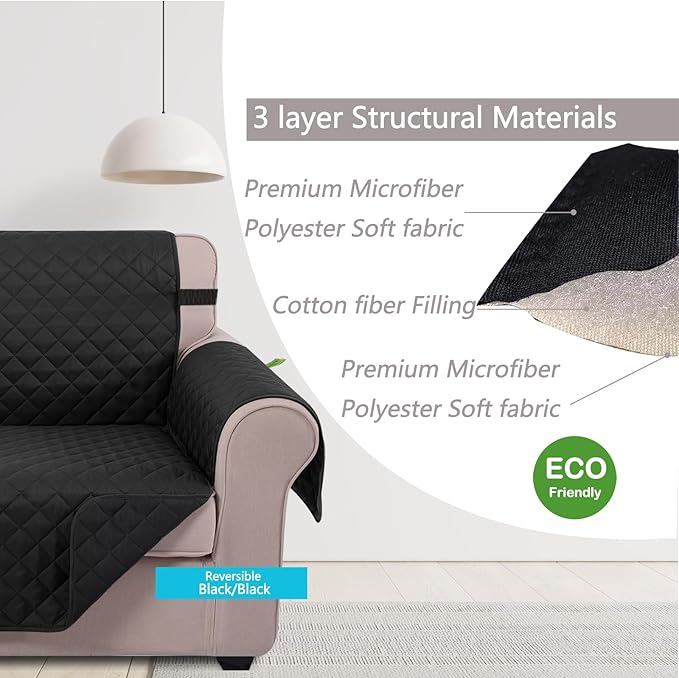 U-NICE HOME Oversized Sofa Cover Reversible Couch Cover for Dogs with Elastic Straps Water Resistant Furniture Protector for Pets Couch Cover for 4 Cushion Couch (Oversized Sofa, Black/Black)