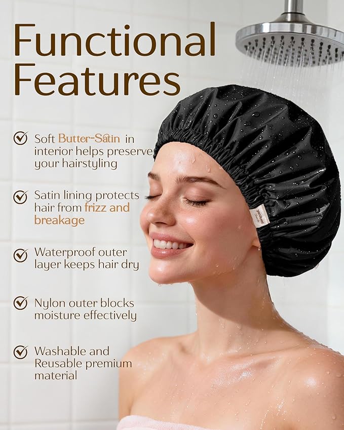 Yanibest Satin Lined Shower Cap for Women Reusable Waterproof, Frizz Free & Large Bath Cap with Soft Elastic Band, Luxury Hair Protection Caps (Black)