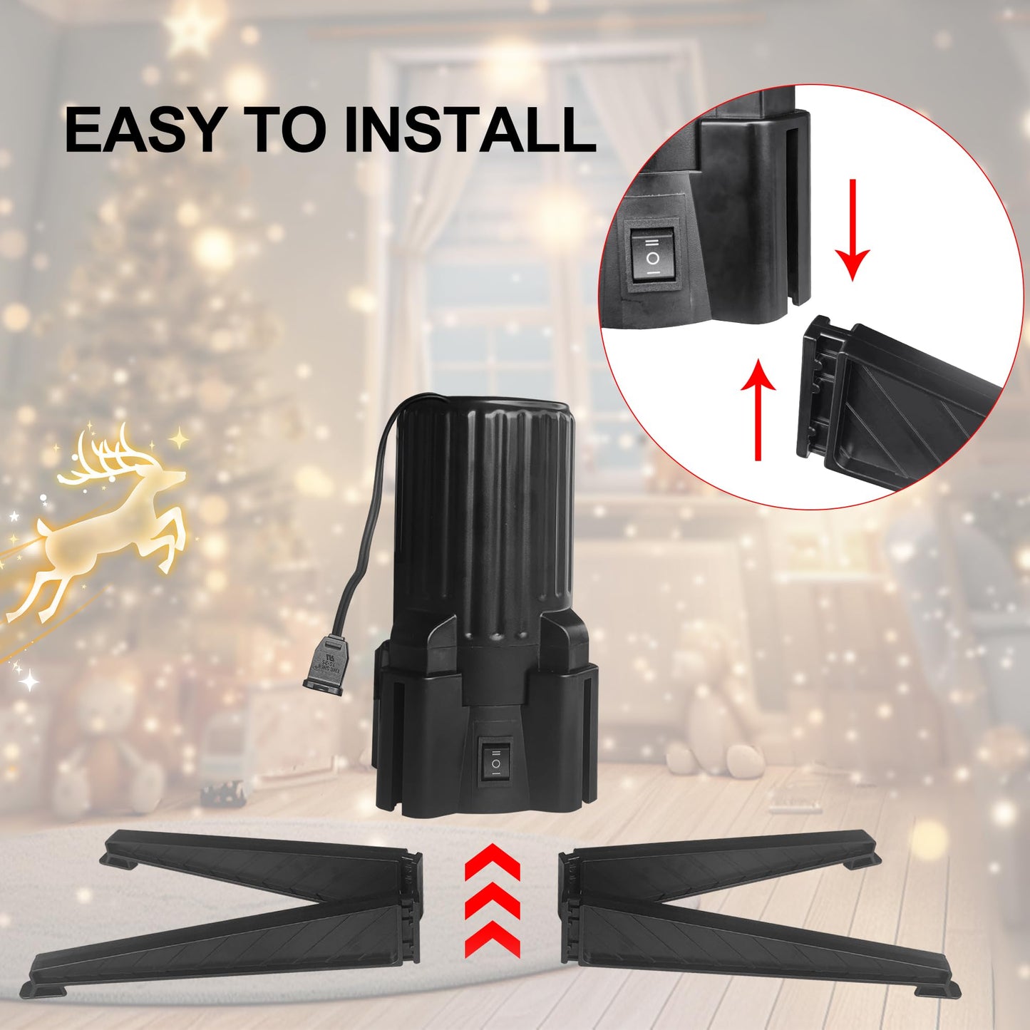 Stright 360 Degree Rotating Christmas Tree Stand, Revolving Artificial Tree Base for Tree Up to 7.5FT, Spinning Christmas Tree Stand with 2 Settings Trunk Diameter and One Built-in Electrical Outlet