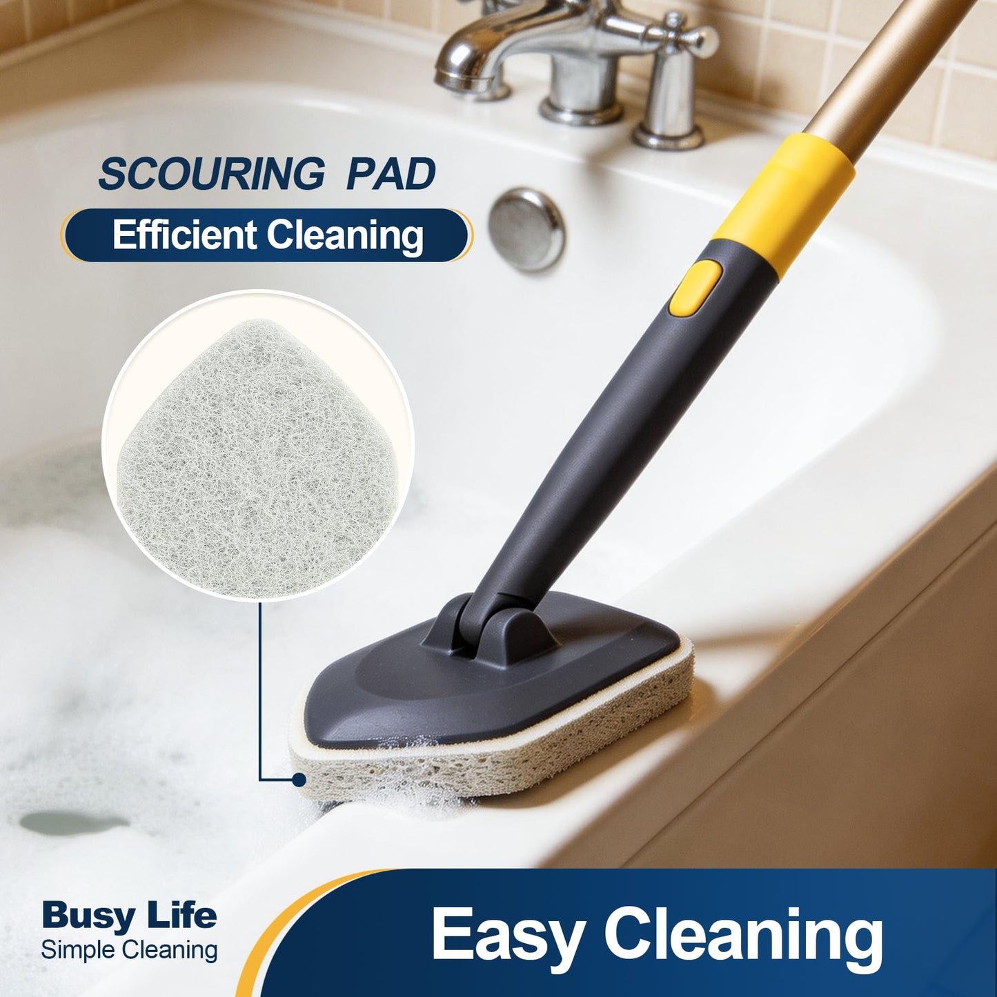 Yocada Tub Tile Scrubber Brush 2 in 1 Cleaning Brush Telescopic Pole Stiff Edge Bristles 4*Scouring Pads for Bathroom Shower Floor Corner Cleaning Non Scratch 58.2"