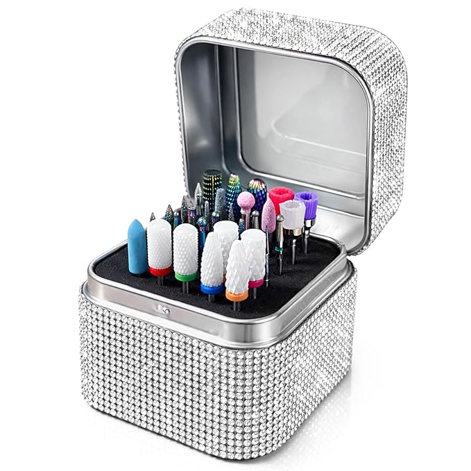 Nail Drill Bit Holder, Dustproof Rhinestones Drill Bit Organizer Case 30 Holes Efile Nail Tech Bits Storage Container Box Manicure Tools E file Accessories Collector for Salon, Travel, Home(Only Box)