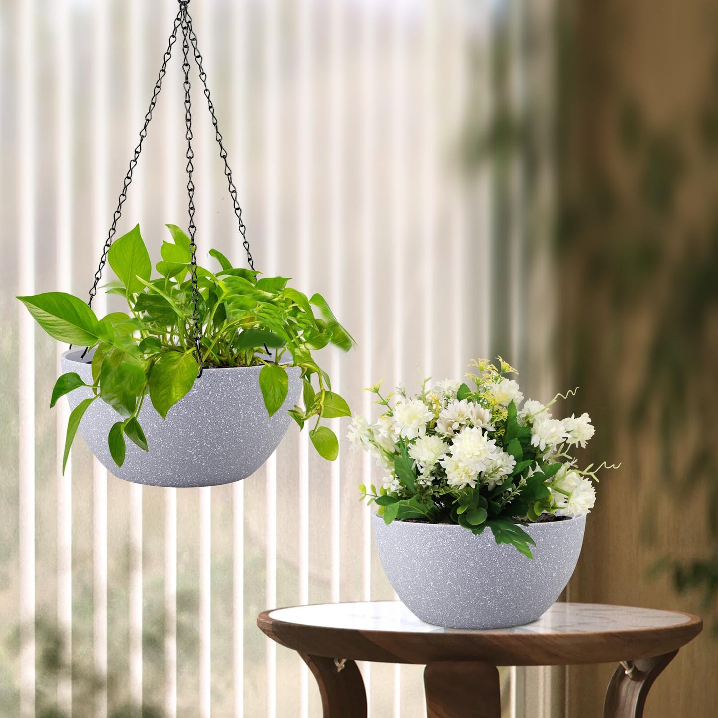 Meowell 10 inch Hanging Planters for Indoor Outdoor Plants, 2 Pack Hanging Flower Pots with Drainage Holes and Chain for Garden Porch, Plastic Hanging Baskets for House Plants, Speckled Grey