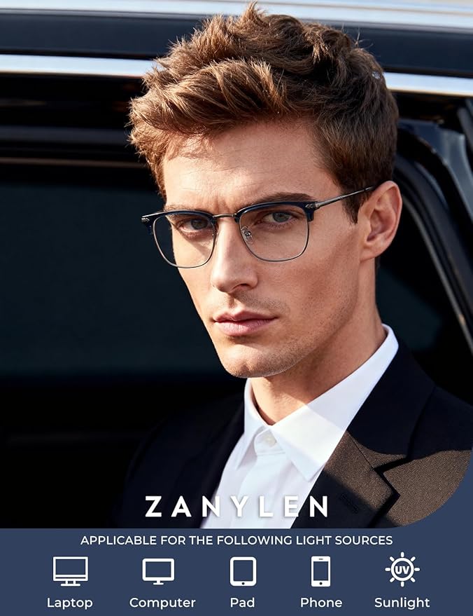 ZanyLen Blue Blocker Glasses for Men Metal Browline Computer Gaming Glasses Filter Blue Ray