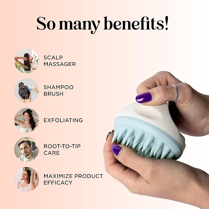 Hair Shampoo Brush and Scalp Exfoliator - in Shower Scalp Scrubber for Dandruff Removal & Growth Stimulator for Wet or Dry Hair - Soft Silicone Scalp Massager Made with Recycled Wheat Straw - Green