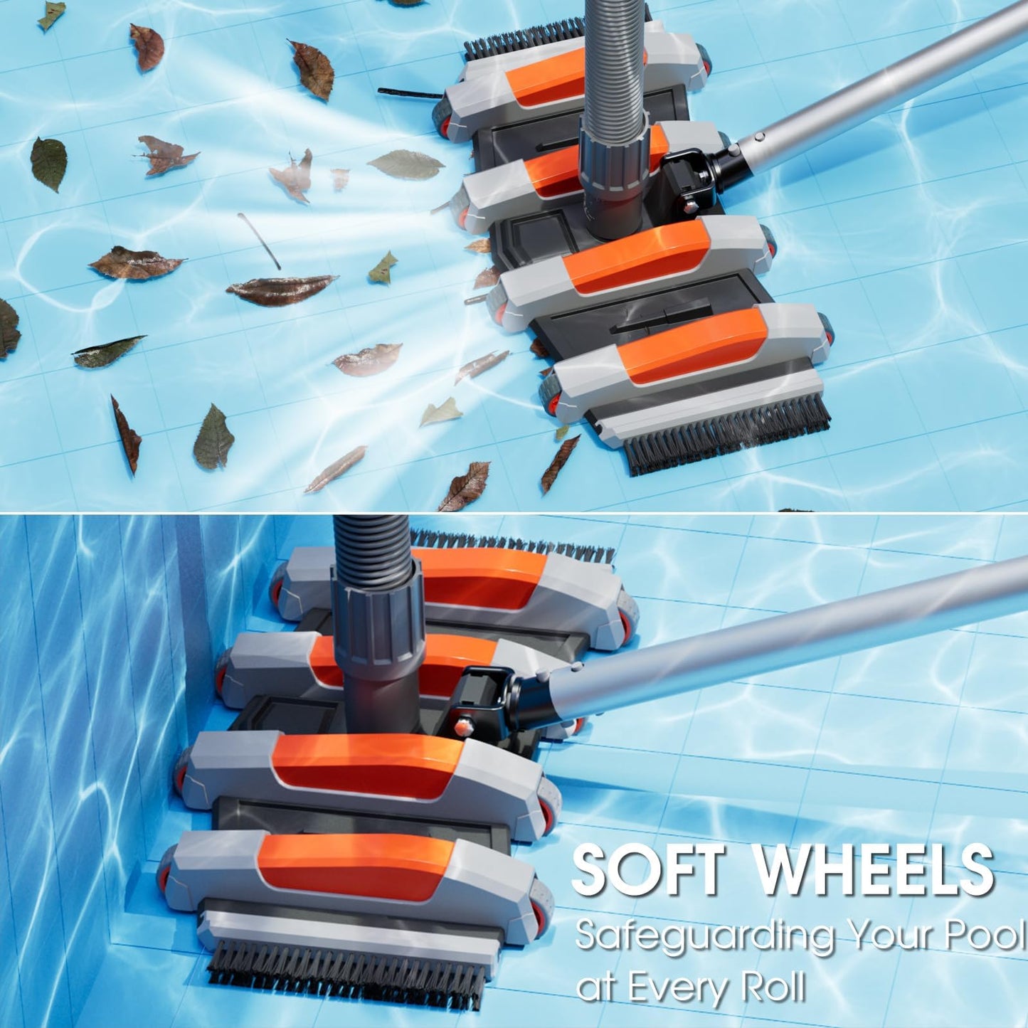 TidyMister Heavy Duty Pool Vacuum Head with Swivel Handle -Extra-Wide Weighted Vac Heads Side Brush & Wheels for Vinyl Liner-Deep Cleaning for Inground & Above Ground Swimming Pool - Orange